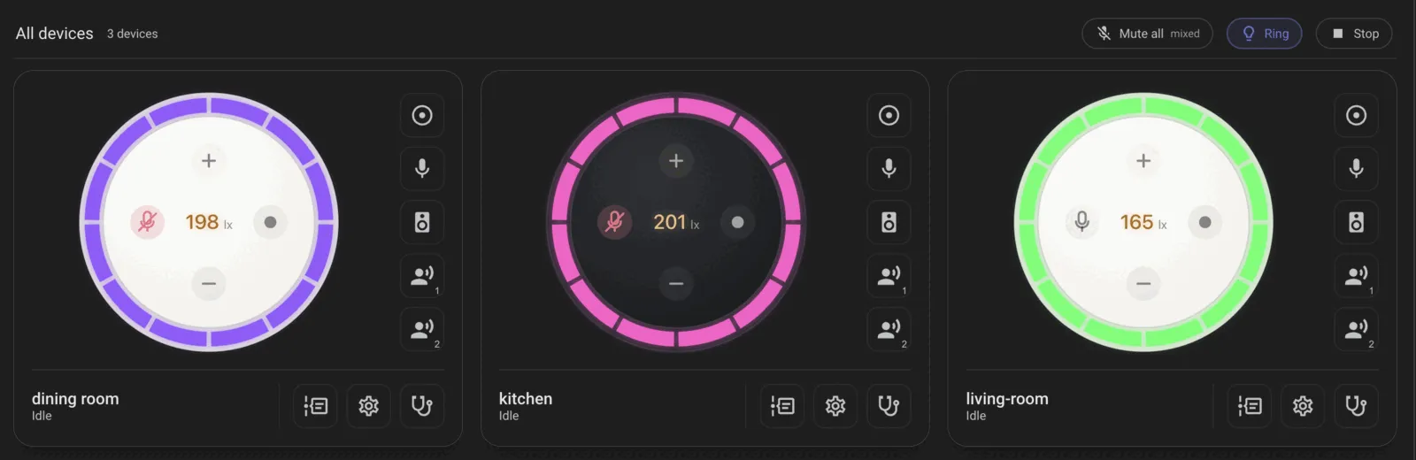 Three Echo Dots on the EchoLocal dashboard, each ring lit a different color