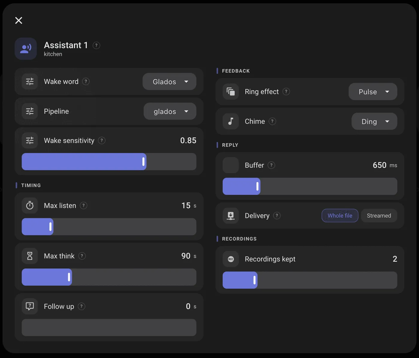 An assistant panel: wake word, pipeline, sensitivity, timings, chime, reply delivery and recordings to keep
