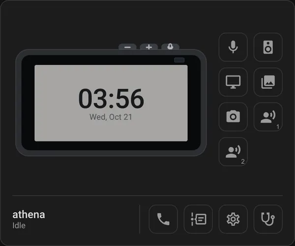 The card for an Echo Show 8, with buttons for each area and a call button