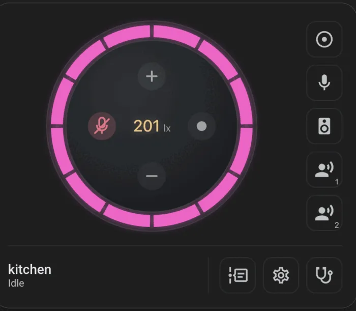 The card for an Echo Dot, ring lit, showing the room's light level
