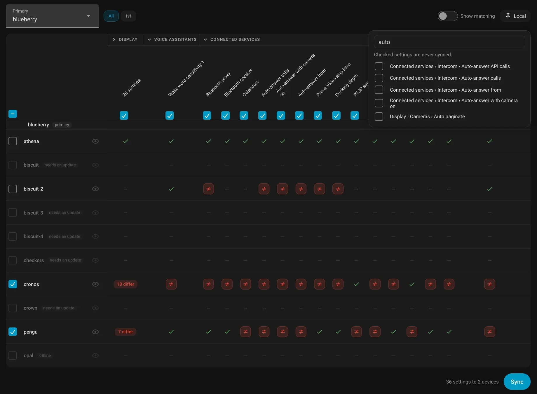 Fleet with two devices ticked, the Sync button ready, and the Local list open with a search for auto