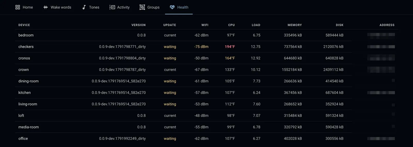 The Health tab: one row per device