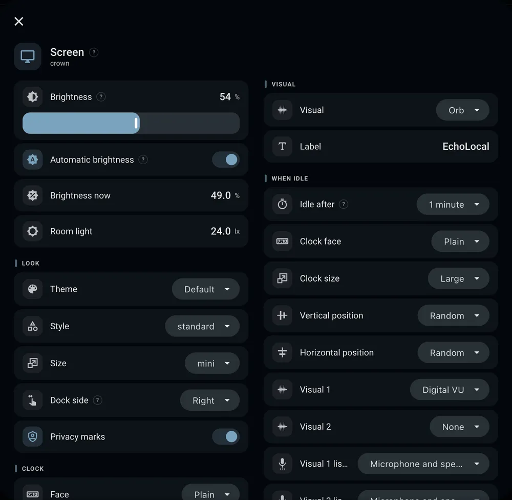 The Screen panel for an Echo Show 8: brightness, theme, style, dock side, visual, clock face and idle settings