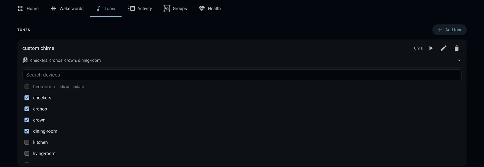 The Tones tab: a custom chime sent to four devices