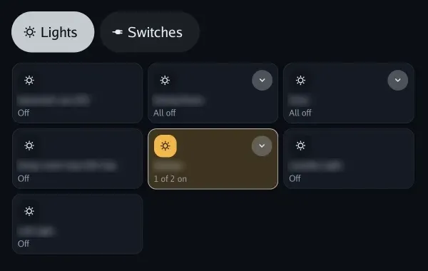 The Lights tab, with a card per room