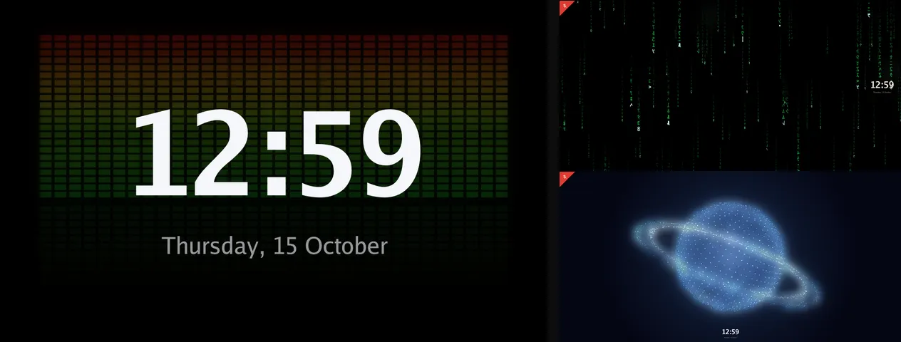 An Echo Show 8 with the Digital VU visual behind the clock, and two Echo Show 5s running Matrix and Orb