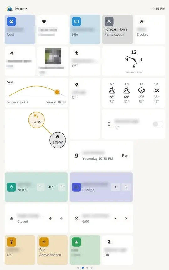 A Tessera page with climate, weather, a clock, the sun, energy flow, lights and locks