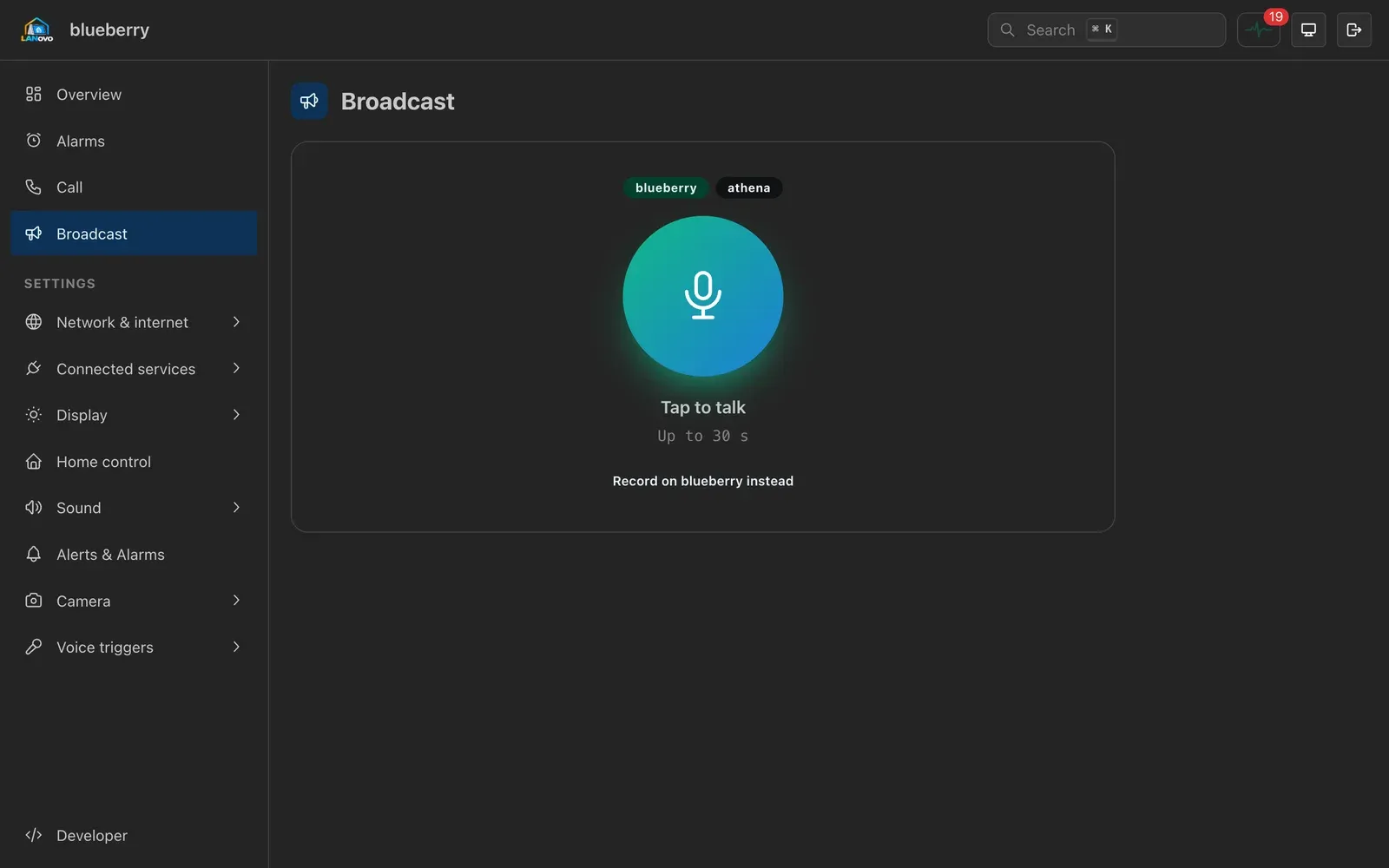 The Broadcast page: a button to hold and talk