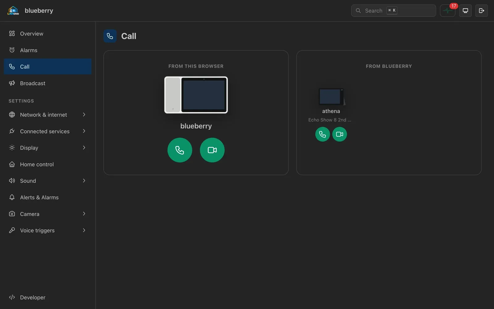The Call page: call the device from this browser, or call another device from it