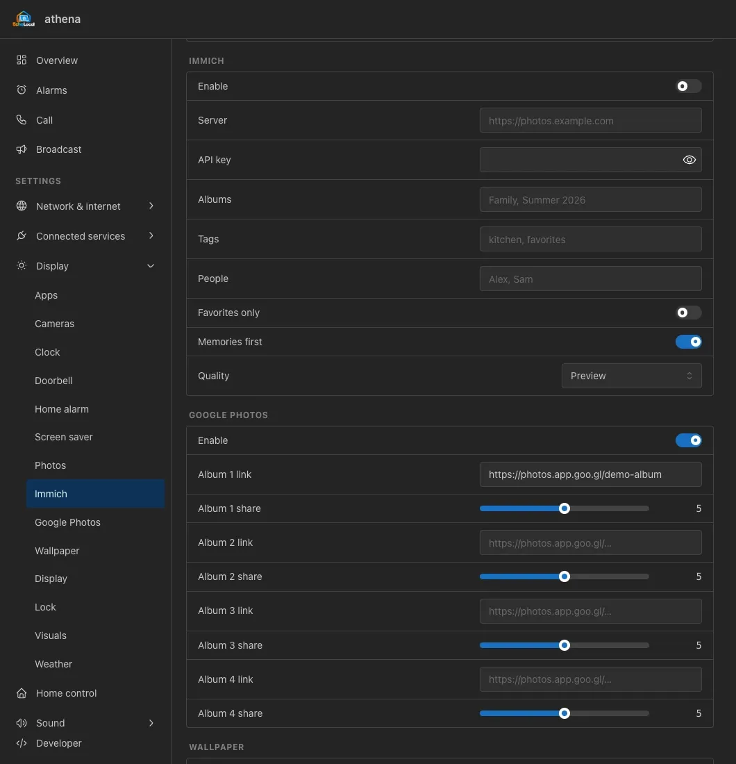 Browser Immich settings: Library connection, filters and image quality.