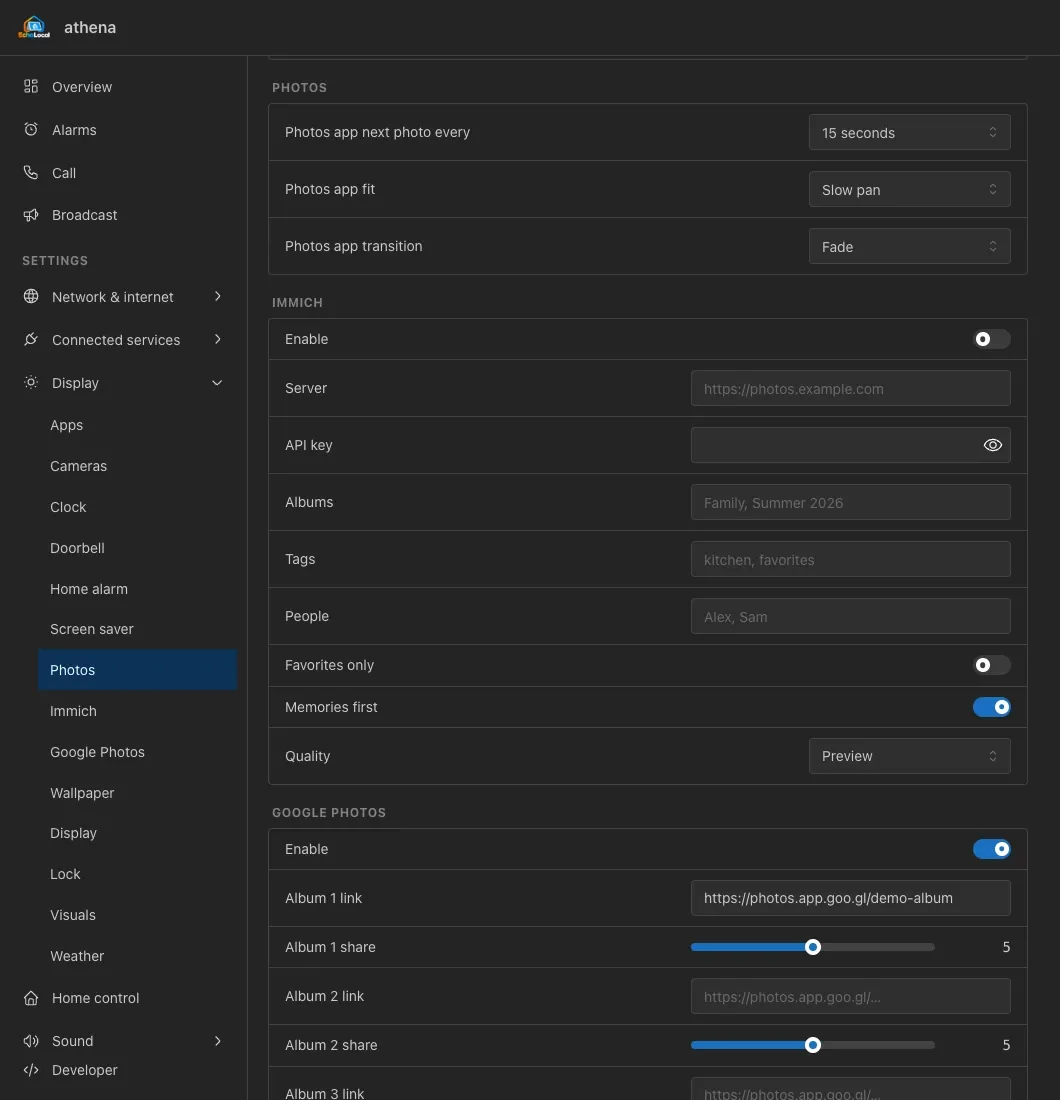 Browser photo settings: Photos app timing, fit and transitions.