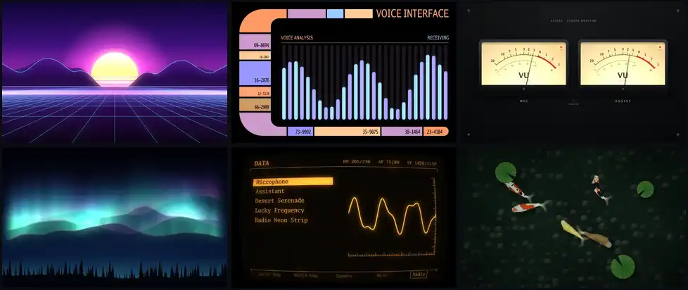 Six visuals: Synthwave, LCARS, Classic VU, Aurora, a Pip-Boy and a koi pond