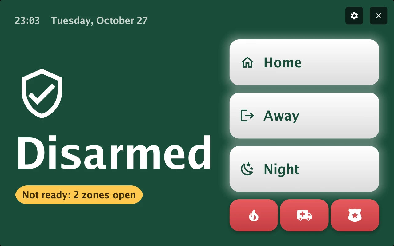 Home alarm in the Shield design with rehearsal data