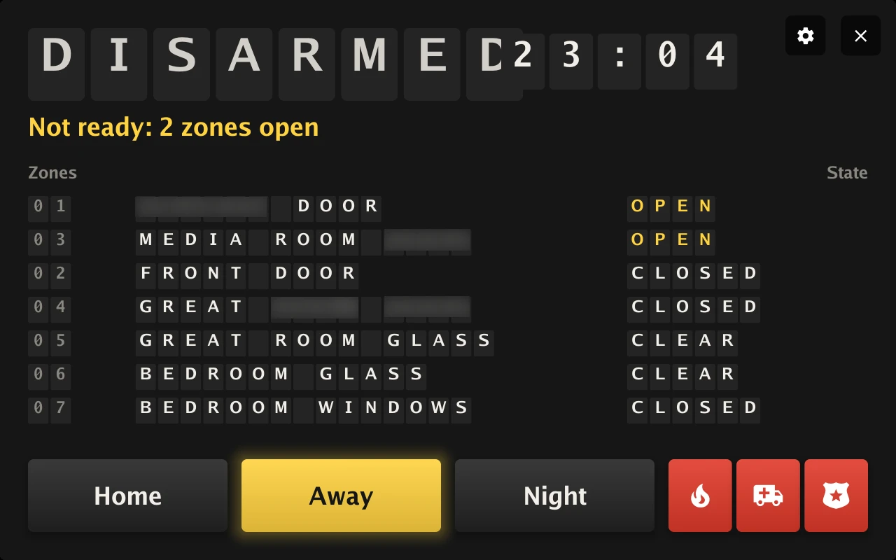 Home alarm in the Flip board design with rehearsal data