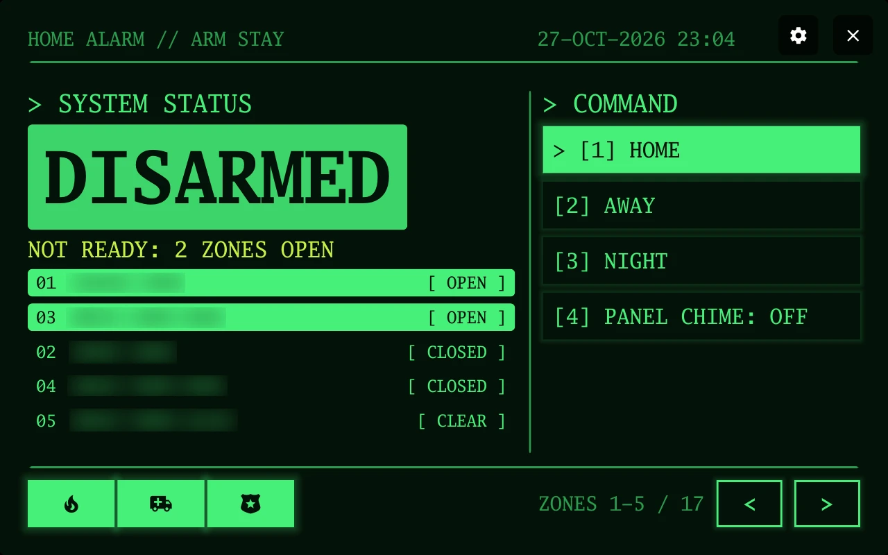 Home alarm in the Terminal design with rehearsal data